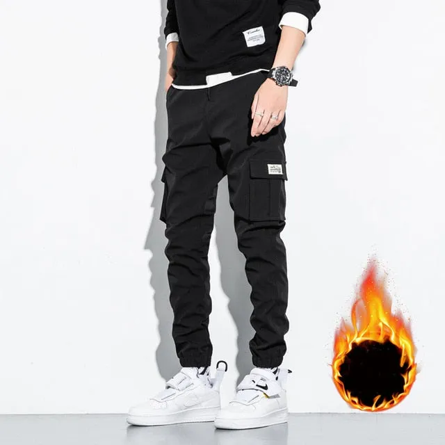 2021 New Fashion Winter Thick Fleece Warm Casual Pants Men Streetwear Multi-Pockets Cargo Jogger Pants