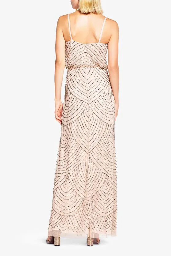 Adrianna Papell Art Deco Beaded Blouson Gown - Taupe Pink