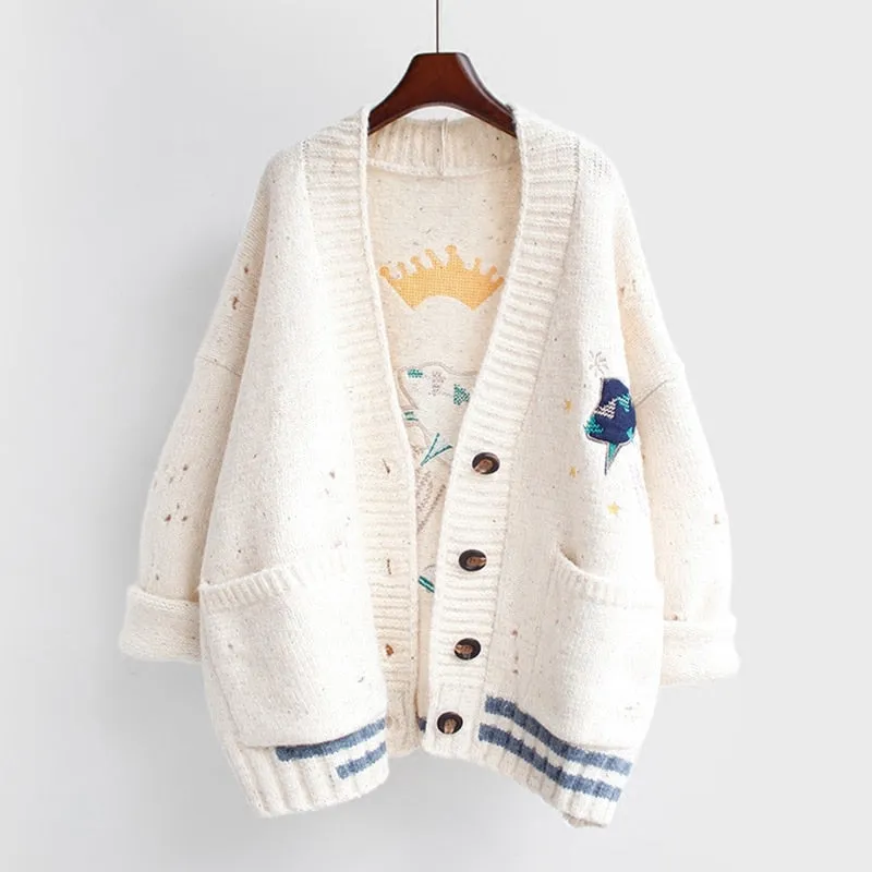 AZYT Women Autumn Winter Knitted Cardigan Cartoon Embroidery Oversize Sweater Coat Harajuku Loose Elegant V Neck Women Cardigans