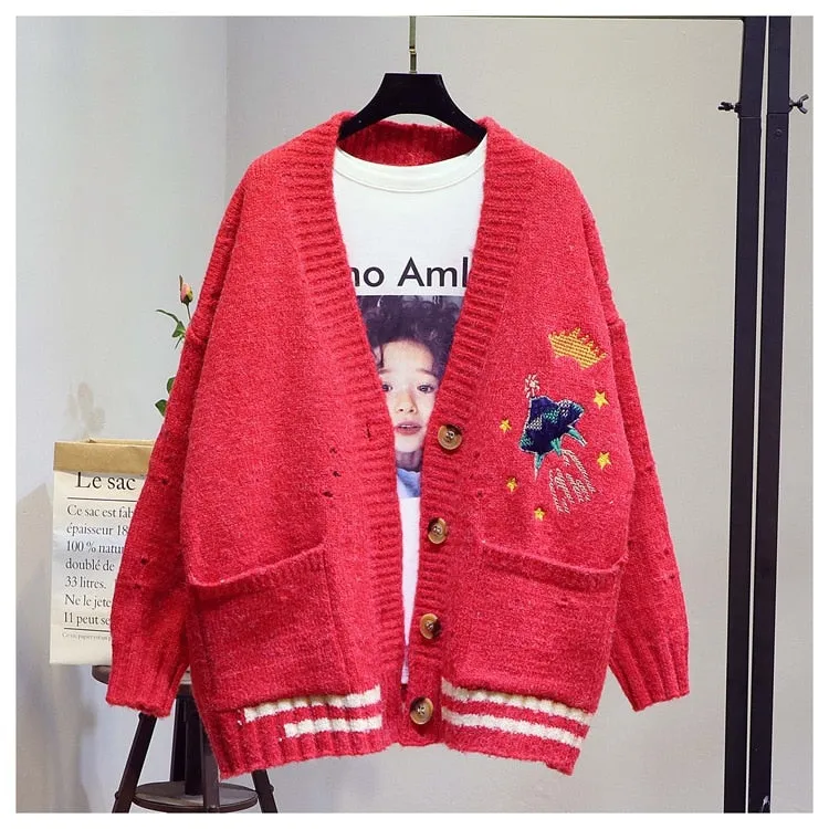 AZYT Women Autumn Winter Knitted Cardigan Cartoon Embroidery Oversize Sweater Coat Harajuku Loose Elegant V Neck Women Cardigans
