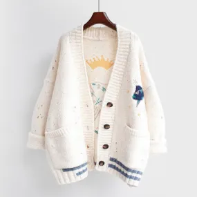 AZYT Women Autumn Winter Knitted Cardigan Cartoon Embroidery Oversize Sweater Coat Harajuku Loose Elegant V Neck Women Cardigans
