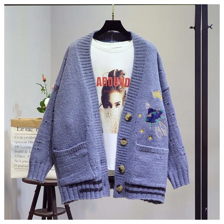 AZYT Women Autumn Winter Knitted Cardigan Cartoon Embroidery Oversize Sweater Coat Harajuku Loose Elegant V Neck Women Cardigans