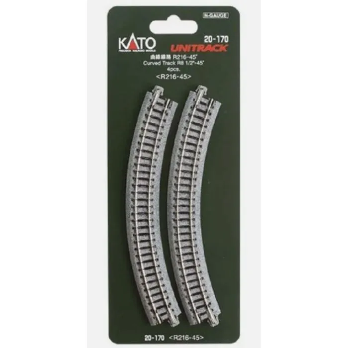Kato 20-170, N Scale Unitrack Curved Section, 8 9/16" 216mm, 45 Degrees