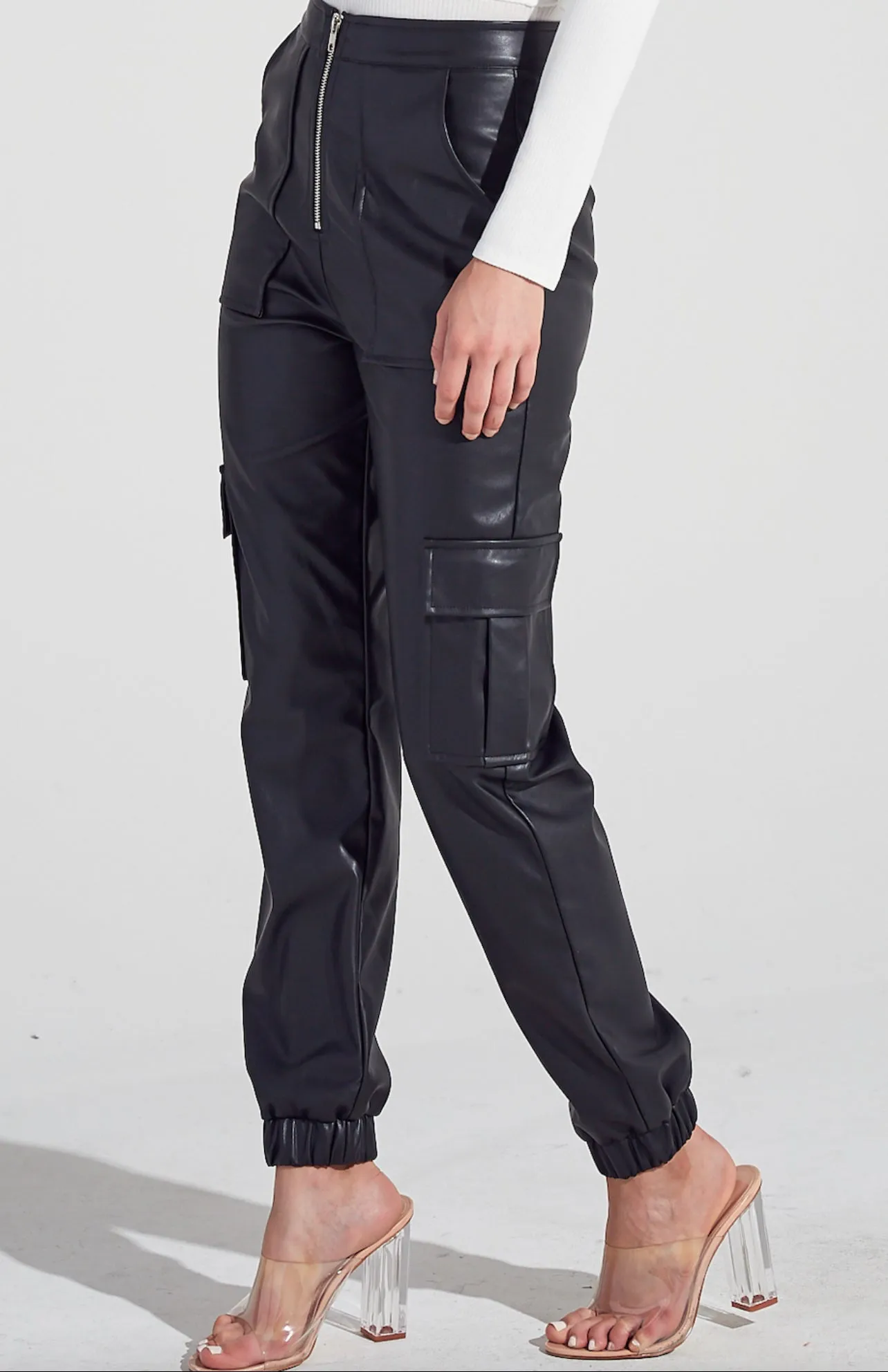 Leather Four Pocket Cargo Zipper Fly Jogger Pants