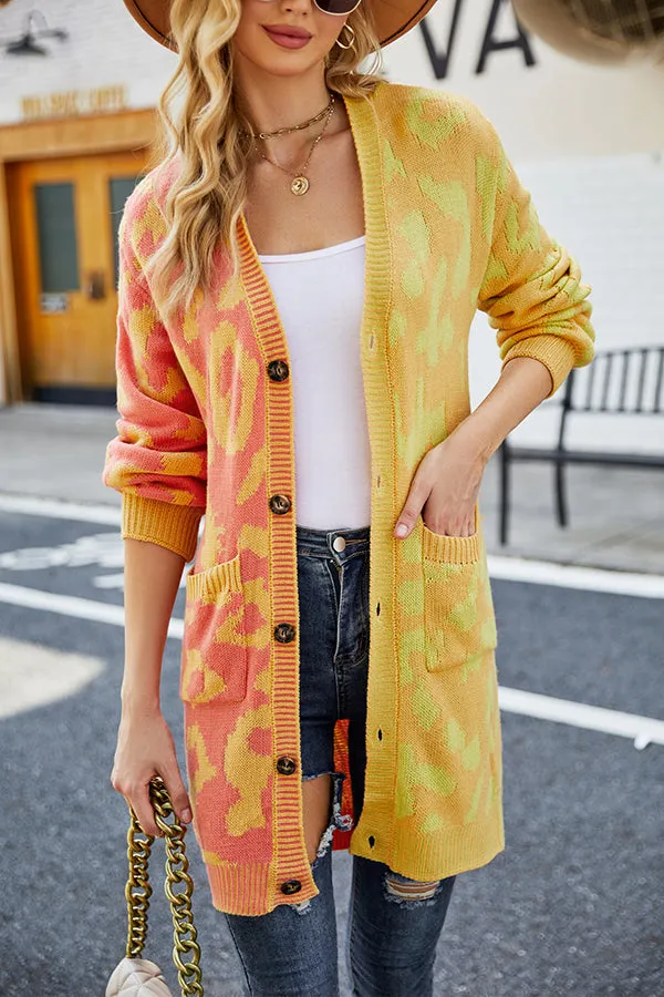 Leopard Print Contrast Knitted Mid-length Sweater Cardigan