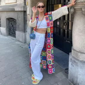 Vintage Long Sleeve Multicolored Crochet Granny Square Duster Cardigan