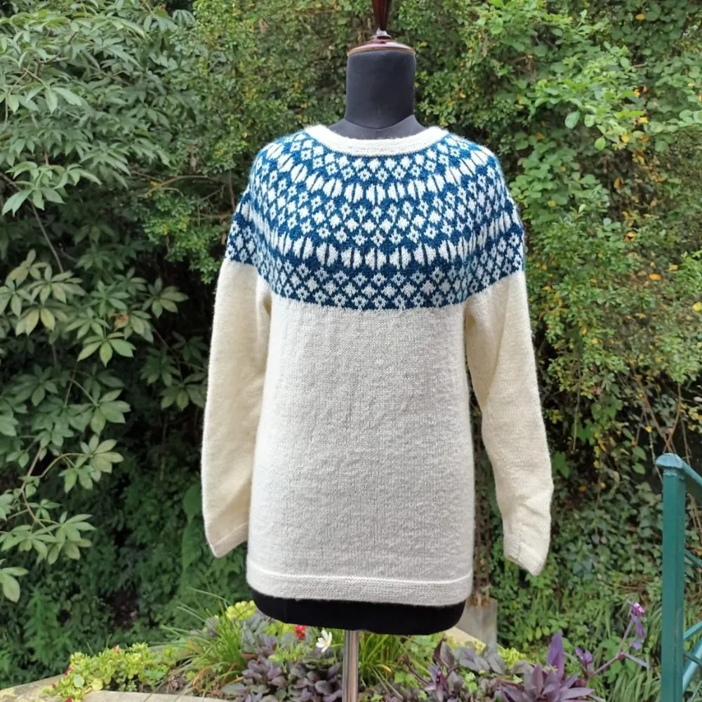 Women Off-White Woollen Sweater | Round Neck | Hand Knit | Blue Accent