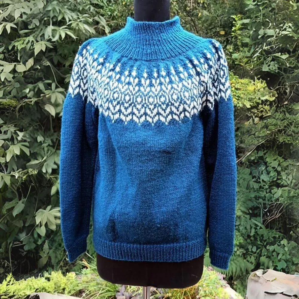 Women Woollen Pullover | High Neck | Hand Knitted | Cobalt Blue With White