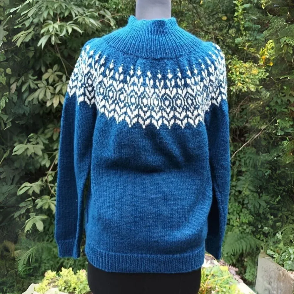 Women Woollen Pullover | High Neck | Hand Knitted | Cobalt Blue With White