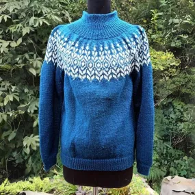 Women Woollen Pullover | High Neck | Hand Knitted | Cobalt Blue With White
